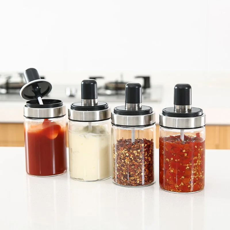 Стеклянная банка для приправ с ложкой специй герметичное масло соуса бутылки