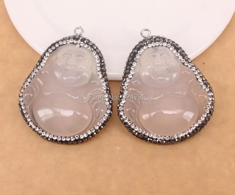 3 шт Природа белый халцедон Будда Кулон с кристаллами горный хрусталь