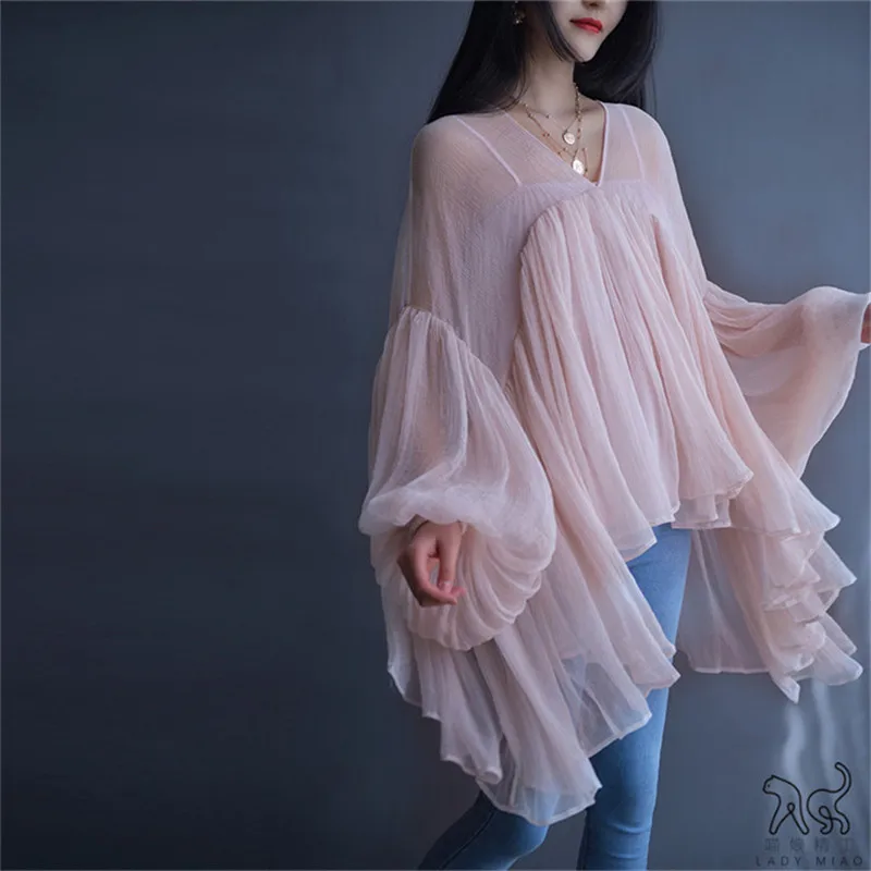 

Zanzea Korean Summer Women's Tops And Shirts Clothes 2019 Vintage Lantern Sleeve Chiffon V-neck Irregular Shirt Two-piece Set