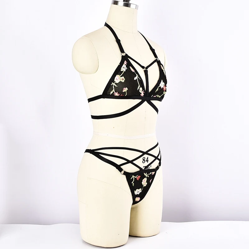 Sexy Lace Embroidery Bra Sets Bralette Lingerie Harness Women Mesh Transparent G-string Sheer Body Set | Женская одежда