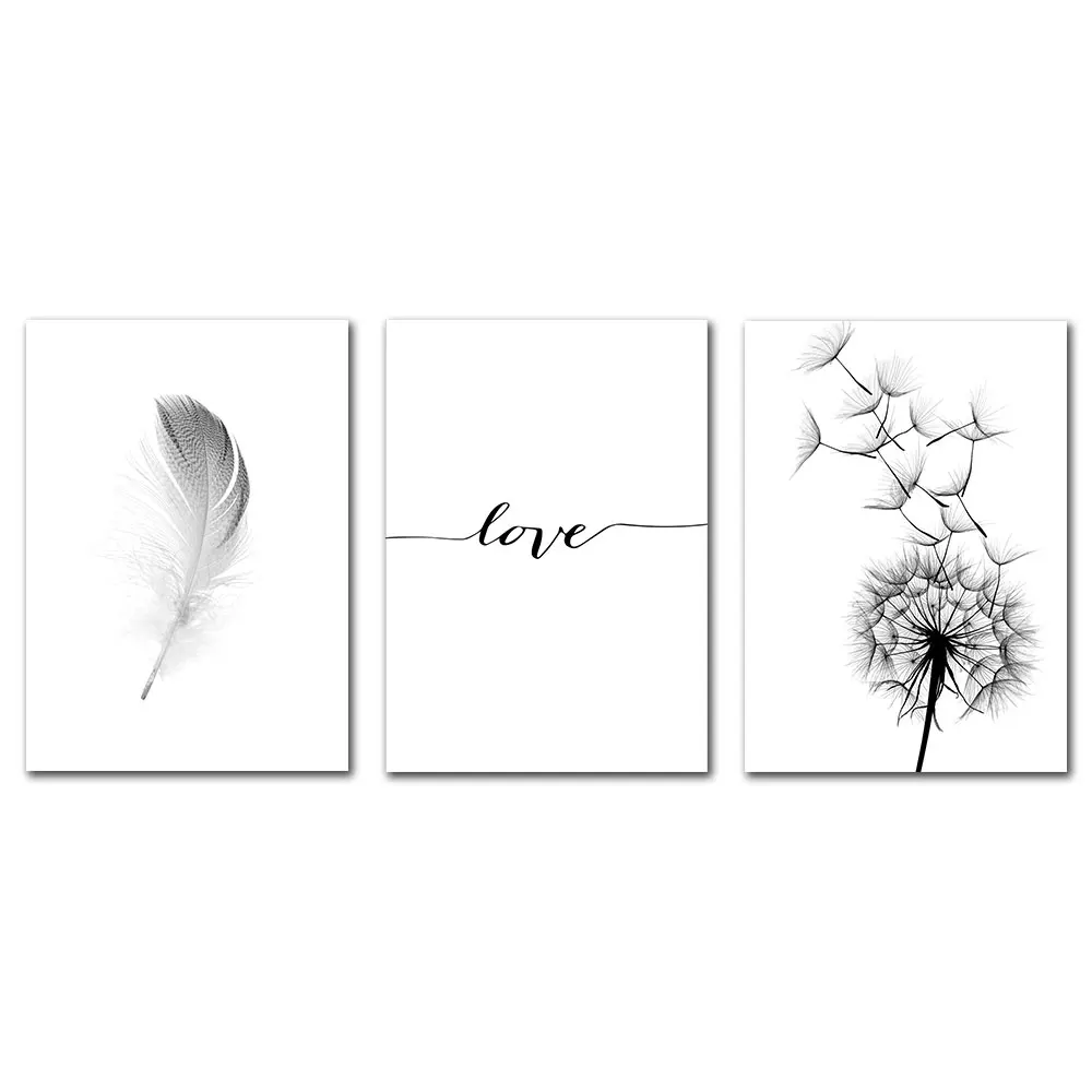 Black And White Poster Abstract Feather Canvas Print Dandelion Painting Love Quotes Posters Prints Wall Art Decor Unframed | Дом и сад