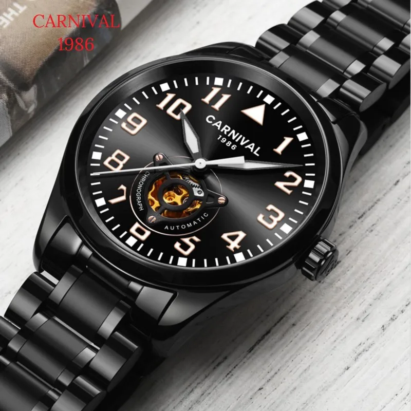 Ультратонкие автоматические часы топ бренд CARNIVAL Black Tourbillon механические из