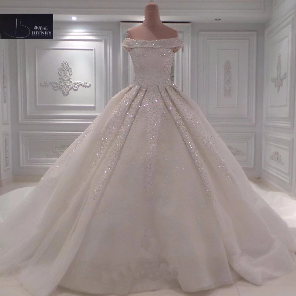 High Quality Off the Shoulder Ball Gown Plus Size Wedding Dress Beaded Cathedral Train Wedding Gowns