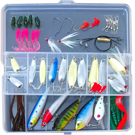 

Fishing Lure Kit VIB Minnow Popper Crank Pencil Spoon Wire Bait Grub Worm Texas Rig Soft Baits