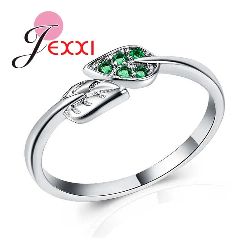 

New Green Leave Clear Crystal Finger Rings Plant Wedding Ring with Paved AAA Cubic Zircon 925 Silver Needle Rings for Women