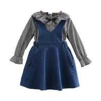 dfxd little girl autumn clothing set 2018 fashion england style long sleeve plaid princess shirtdenim blue strap dress 2pc 2 8y
