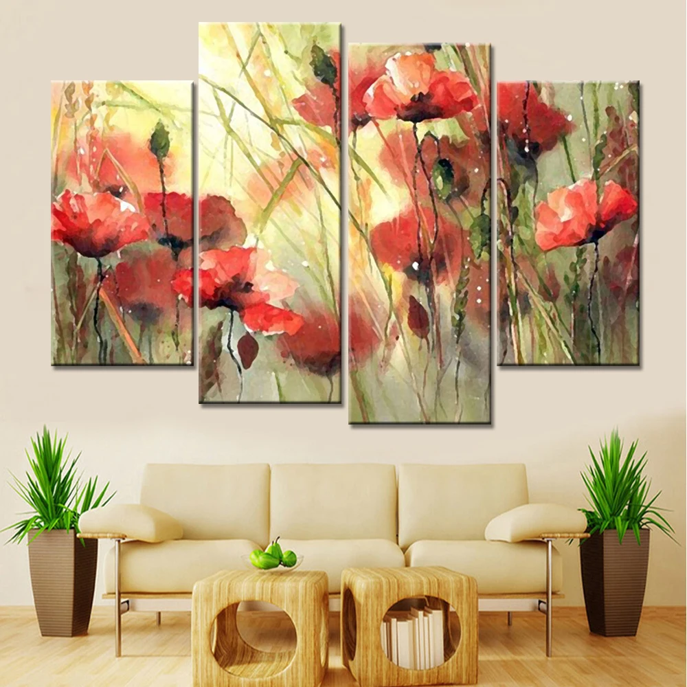 Без рамки Прямая 4 панели модульные картины Куадрос Decoracion цветы холст художественные картины для гостиной домашний декор - Цвет: Зеленый