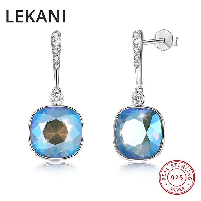 Модные квадратные висячие серьги LEKANI с кристаллами Swarovski, женские свадебные подарки, настоящее Серебро S925 пробы, повседневные аксессуары, хорошее ювелирное изделие - Цвет камня: Blue