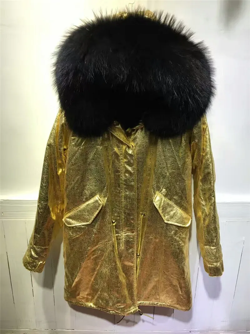 Длинная кожаная куртка золотистого цвета черная зимняя меховая парка на молнии с