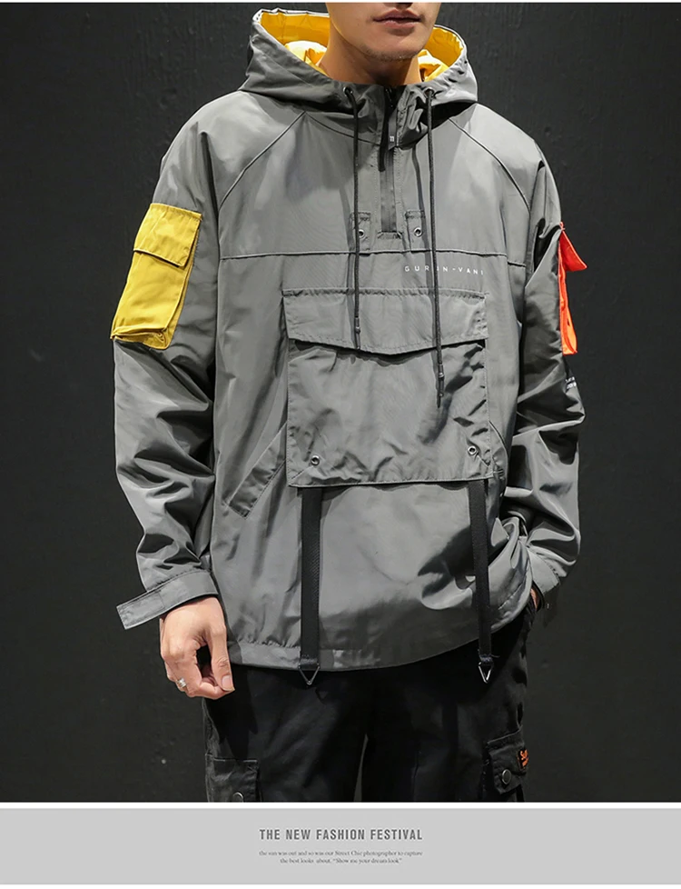 Hip Hop Spring Jackets Men Windbreaker Patchwork Autumn Loose Casual Hooded Jacket Male Coats Zipper Tracksuit Streetwear