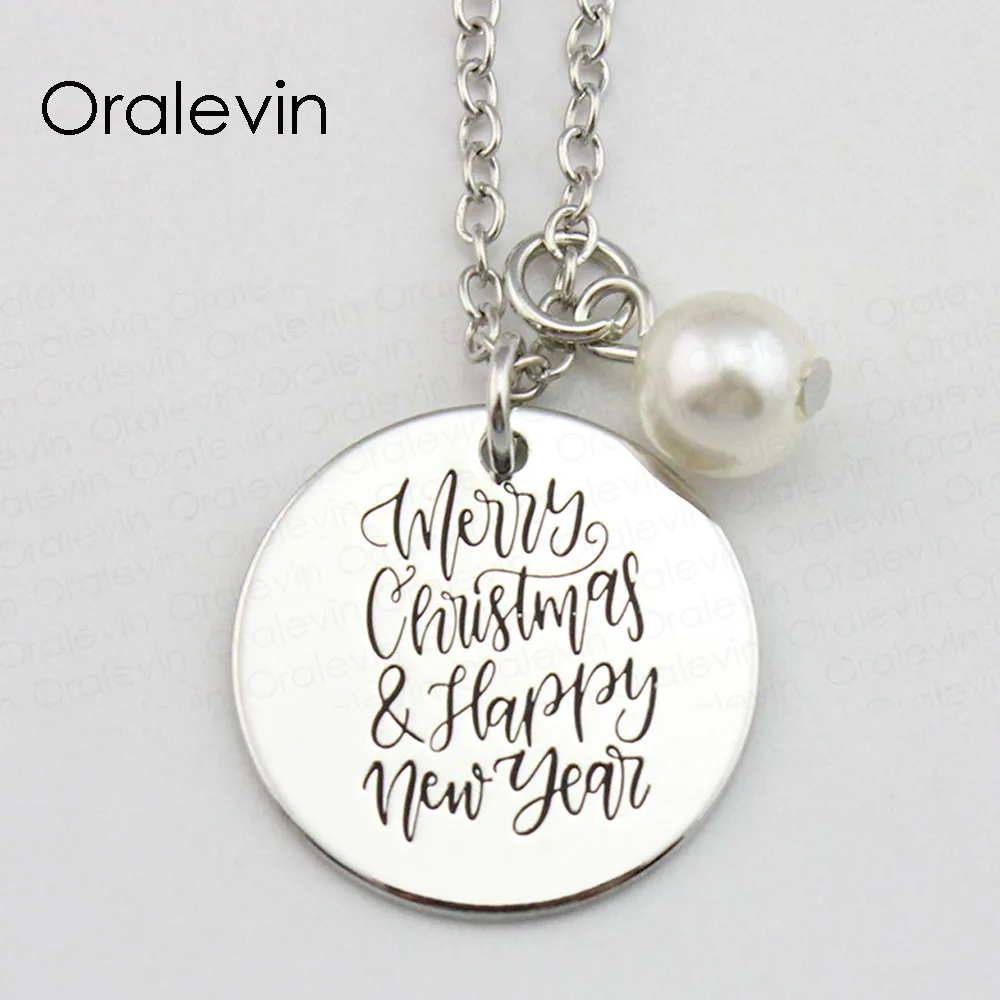 

MERRY CHRISTMAS HAPPY NEW YEAR Inspirational Hand Engraved Accessories Custom Pendant Necklace Gift Jewelry,10Pcs/Lot, #LN1724