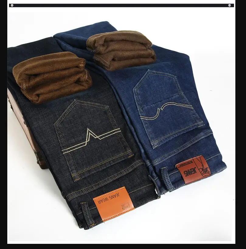 

Winter Warm Denim Jeans High Quality Men Thicker Warm Straight Long Jeans Men Cotton Elastic Casual Denim Jeans Size 40
