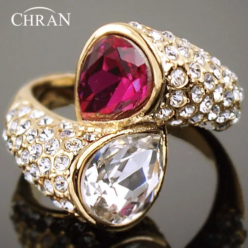 

CHRAN Fashion Heart Desgin Gold Color Teardrop Crystal Promised Wedding Rings for Women