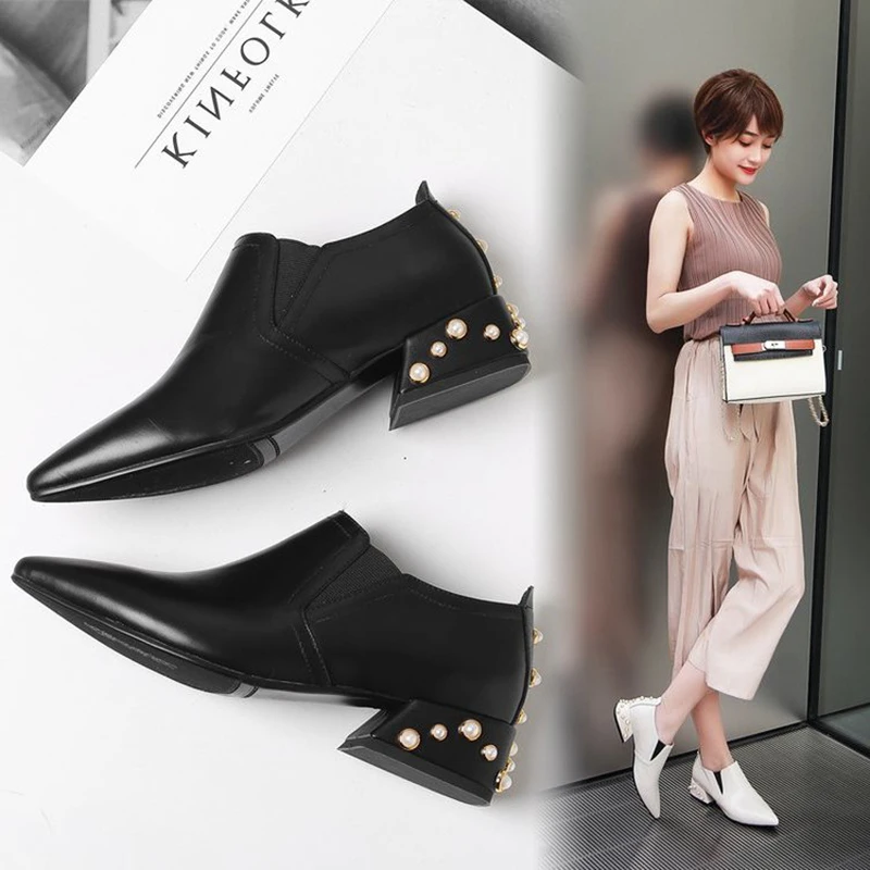 Роскошный жемчуг толстый каблук насосы Растянуть Резинку Коренастый zapatos с