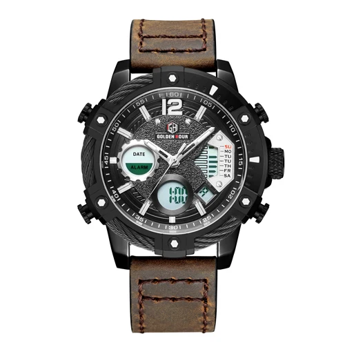 Brown Black Black GOLDENHOUR мужские часы Топ люксовый бренд мужские военные спортивные часы кожа кварцевые наручные часы водонепроницаемый светодиодный цифровые мужские часы - Цвет: Brown Black Black