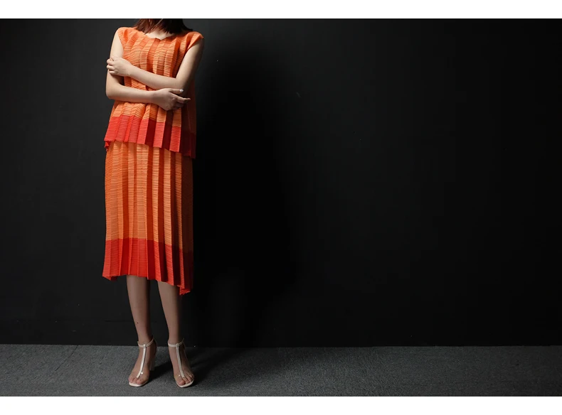 Miyake fold модные футболки с круглым вырезом+ цветные юбки из двух предметов