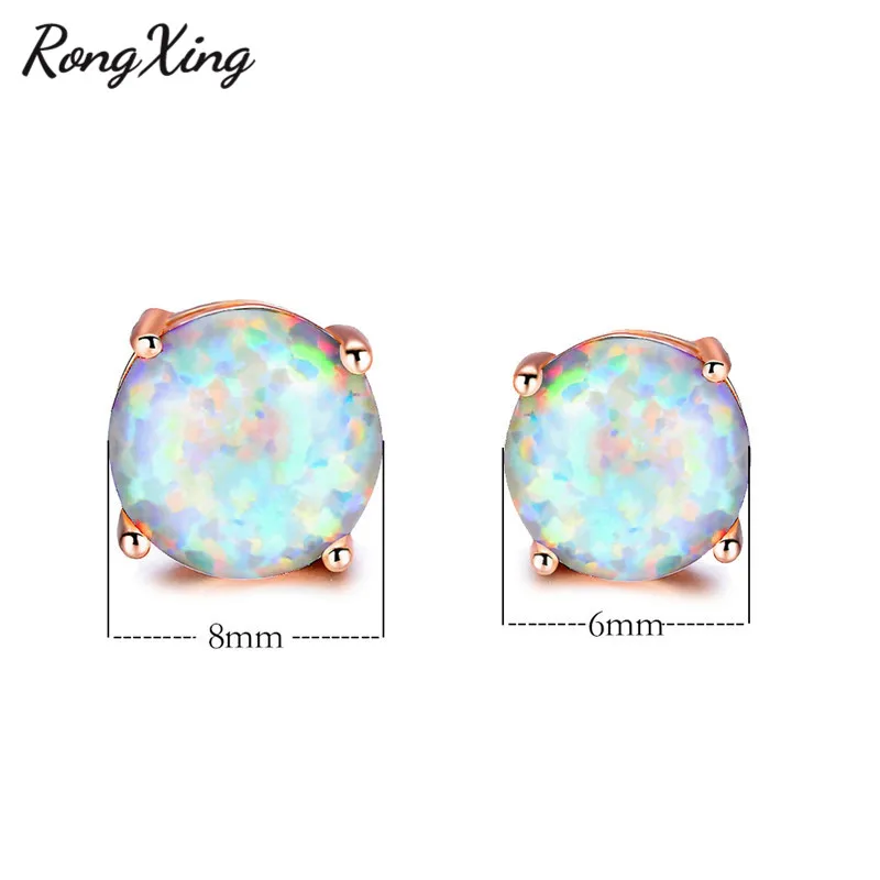 Круглые серьги гвоздики RongXing из розового золота с белым огненным опалом 6/8 мм для