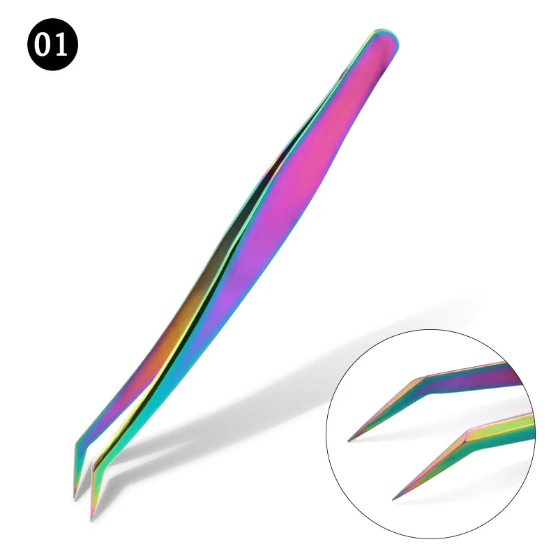01 Rainbow 1 шт. Пинцет для ресниц из нержавеющей стали сверхжесткие пинцеты высокоточные антистатические пинцеты для наращивания ресниц - Color: 01 Rainbow