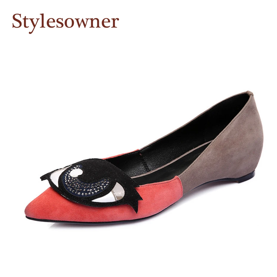 Stylesowner Открытый леди с открытым носком обувь на плоской подошве Цвет матч алмазов большие глаза украшения удобная обувь без шнуровки замшевые Sapatos