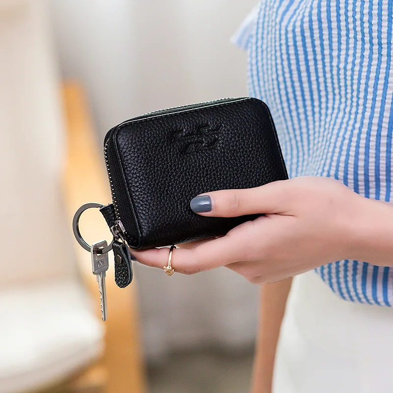 LAUWOO Genuine Leather Women Card Holder Wallet Credit slots wallets with key rings Female Coin Purses Shor Purse ANS | Багаж и сумки
