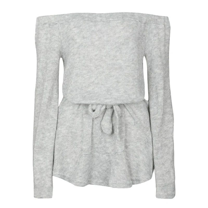 Sexy Off Shoulder Knitted Sweater Women Brand Gray Pullovers Knitwear Autumn Winter Jumper Pull Femme Basic Top | Женская одежда