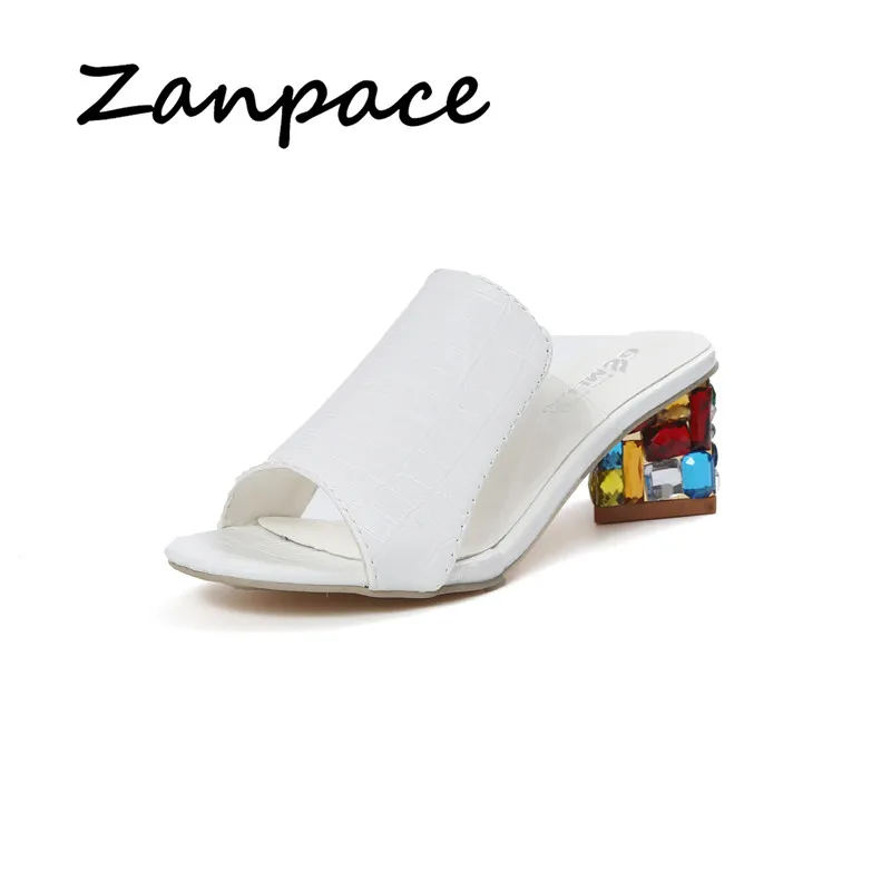 Тапки Zanpace женские на среднем каблуке модные шлепанцы с открытым носком сланцы