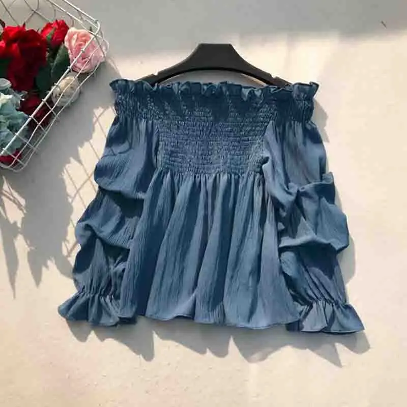 

Fashion 2019 Spring Ruffles Chiffon Women's Shirts Flare sleeve Loose solid women tops and blouses Sexy off shoulder blusa