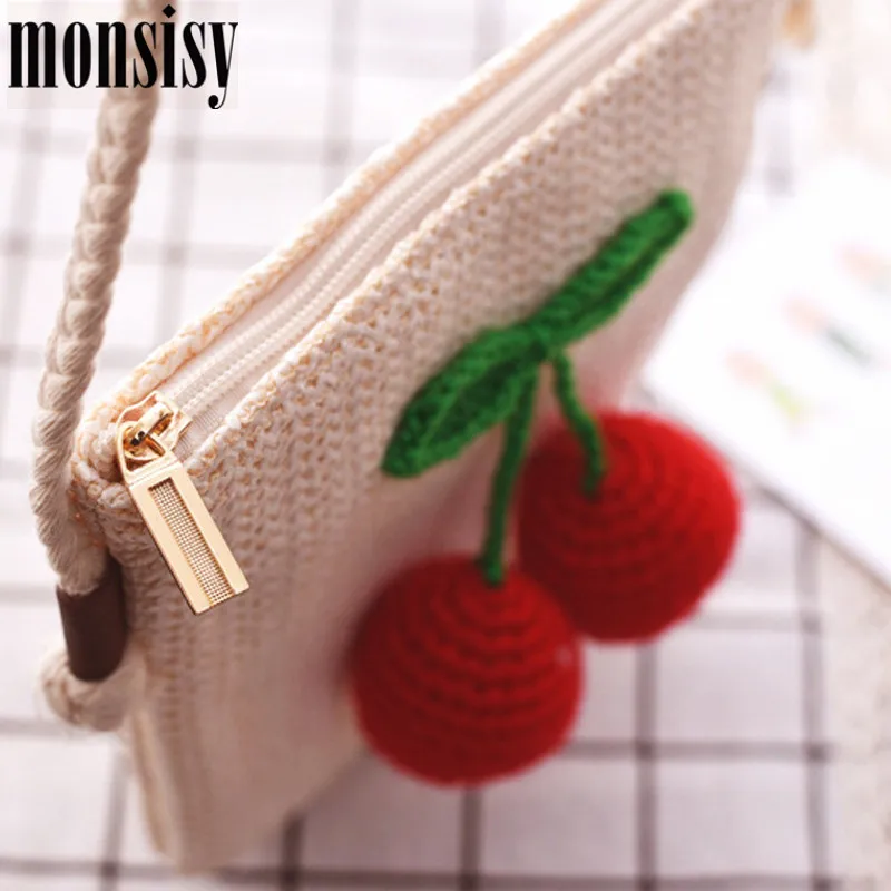 Monsisy Summer Straw Bag For Women Cherry Beach Girl Handbag Wallet Purse Causal Rattan Messenger |