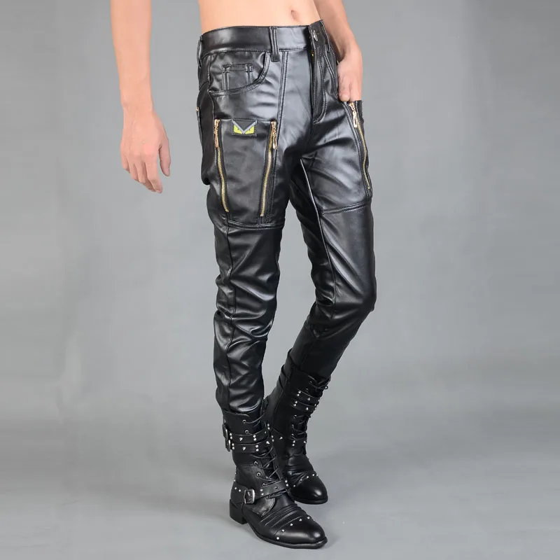 

Motorcycle faux leather pants men trousers high quality pu pants for men fashion slim pantalon zipper splice black autumn