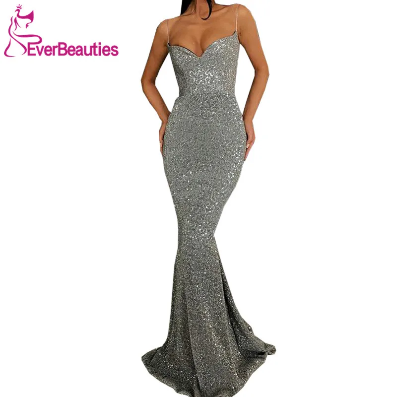 Вечернее Длинное Платье Русалочки 2020 на тонких бретельках с блестящими