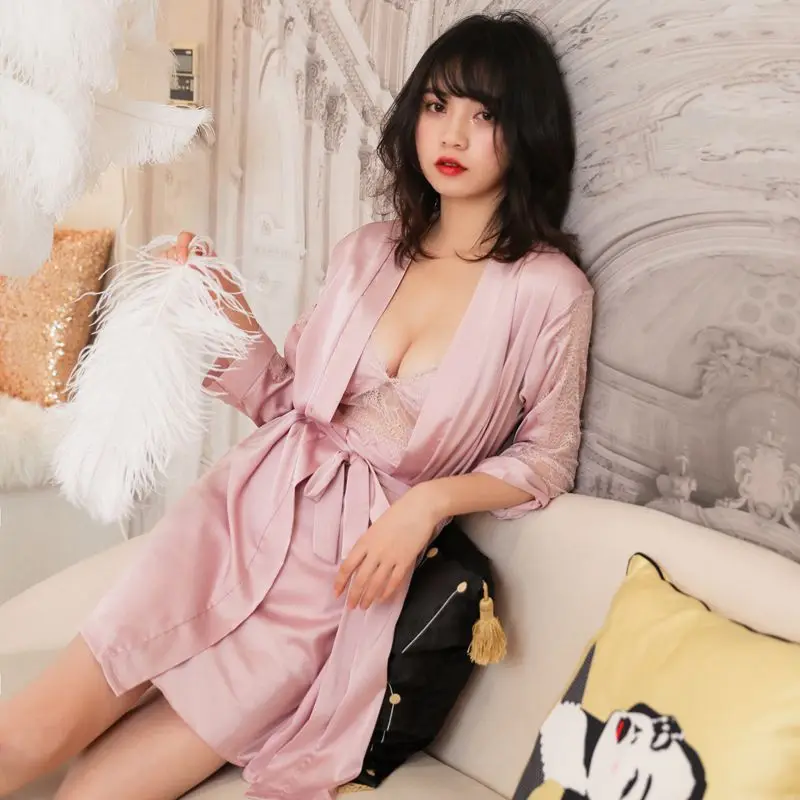 Пижама женская атласная Прозрачная с длинным рукавом и глубоким v образным