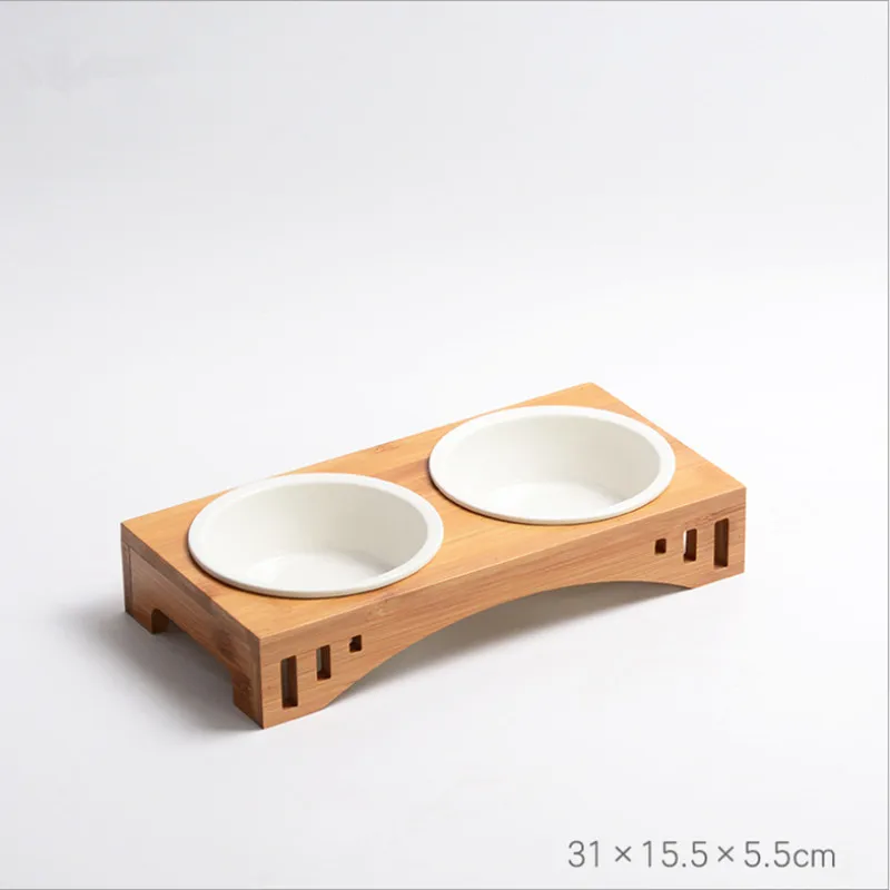 Double Кошка Собака миска-кормушка Керамика посуда 1/2/3 миски Еда миска для воды и бамбуковым корпусом противоскольжения товары для домашних животных, собаки кошки кормушки - Цвет: Double