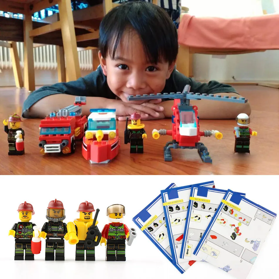 Fire Fighting 4in1 Trucks Car Helicopter Boat Building Blocks city Firefighter figures children Toys 348pc | Игрушки и хобби