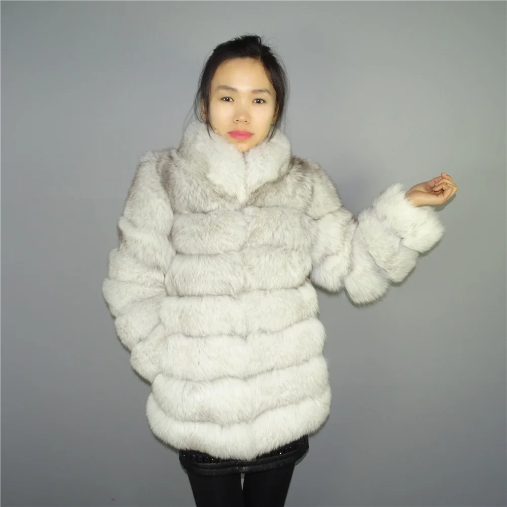 Real Nature White Blue Fox Fur Vertical stripes patchwork stripe coat outwear long jacket parka Winter Trench Stand up Collar | Женская