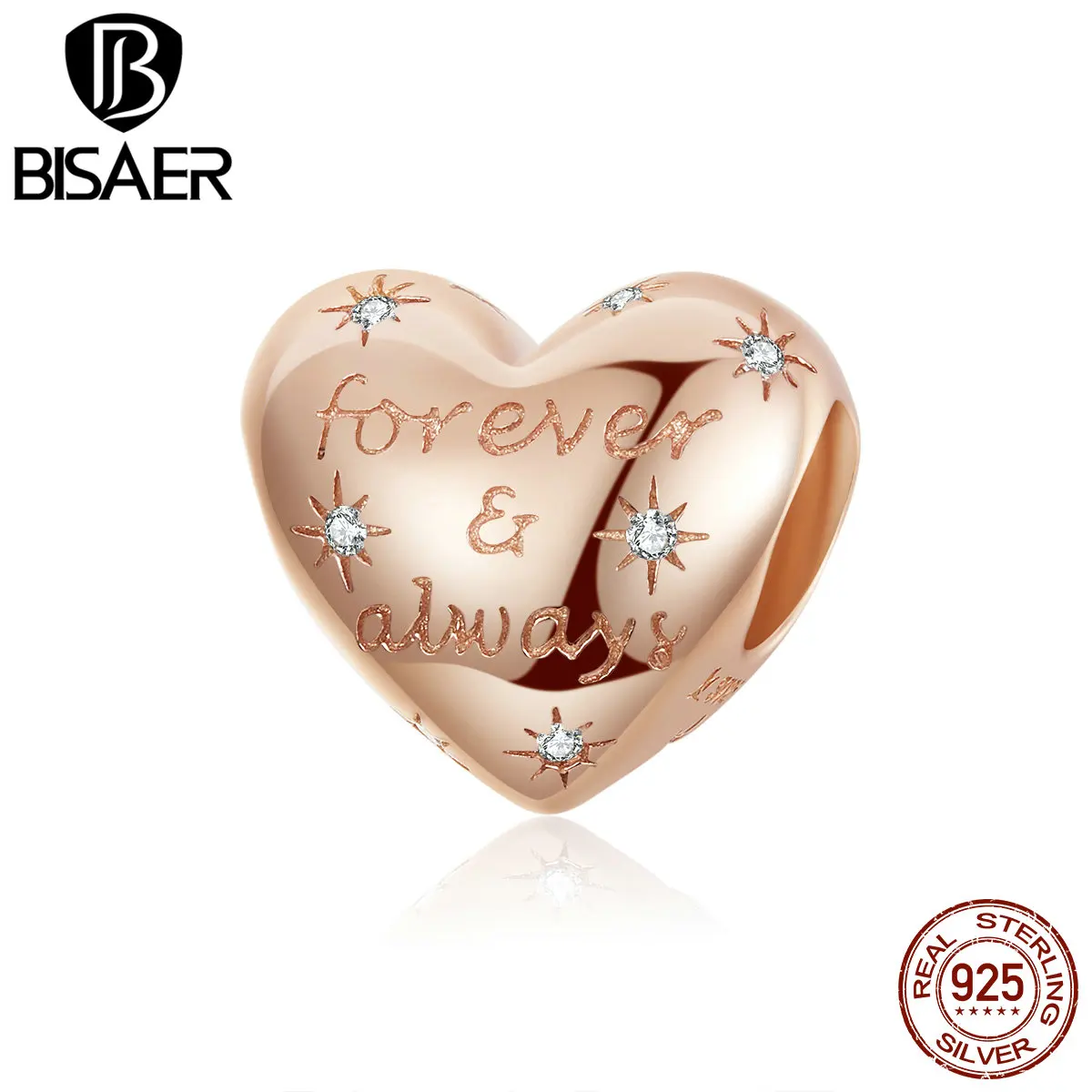 BISAER Genuine 925 Sterling Silver Heart Shape Beads Charms Fit For Women Bracelets Rose Gold Color Jewelry Making HSC1223