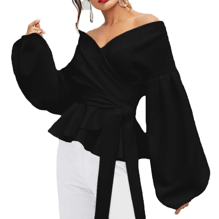 

Women's Blouse Long Sleeve Korean Lantern Sleeve V Neck Top Bow Tie Shirt Women's Spring V-neck Ruffle Blouse