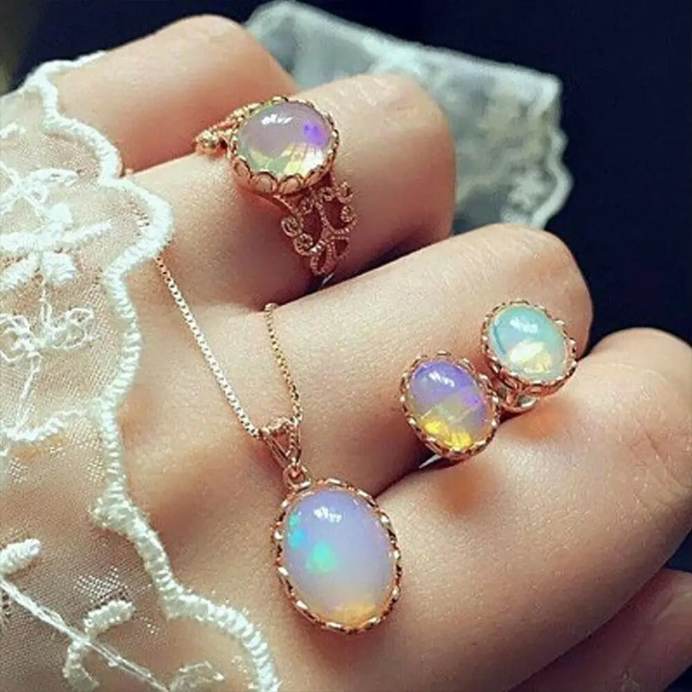 Женская модная бижутерия лунного камня из желтого золота кольцо серьги и