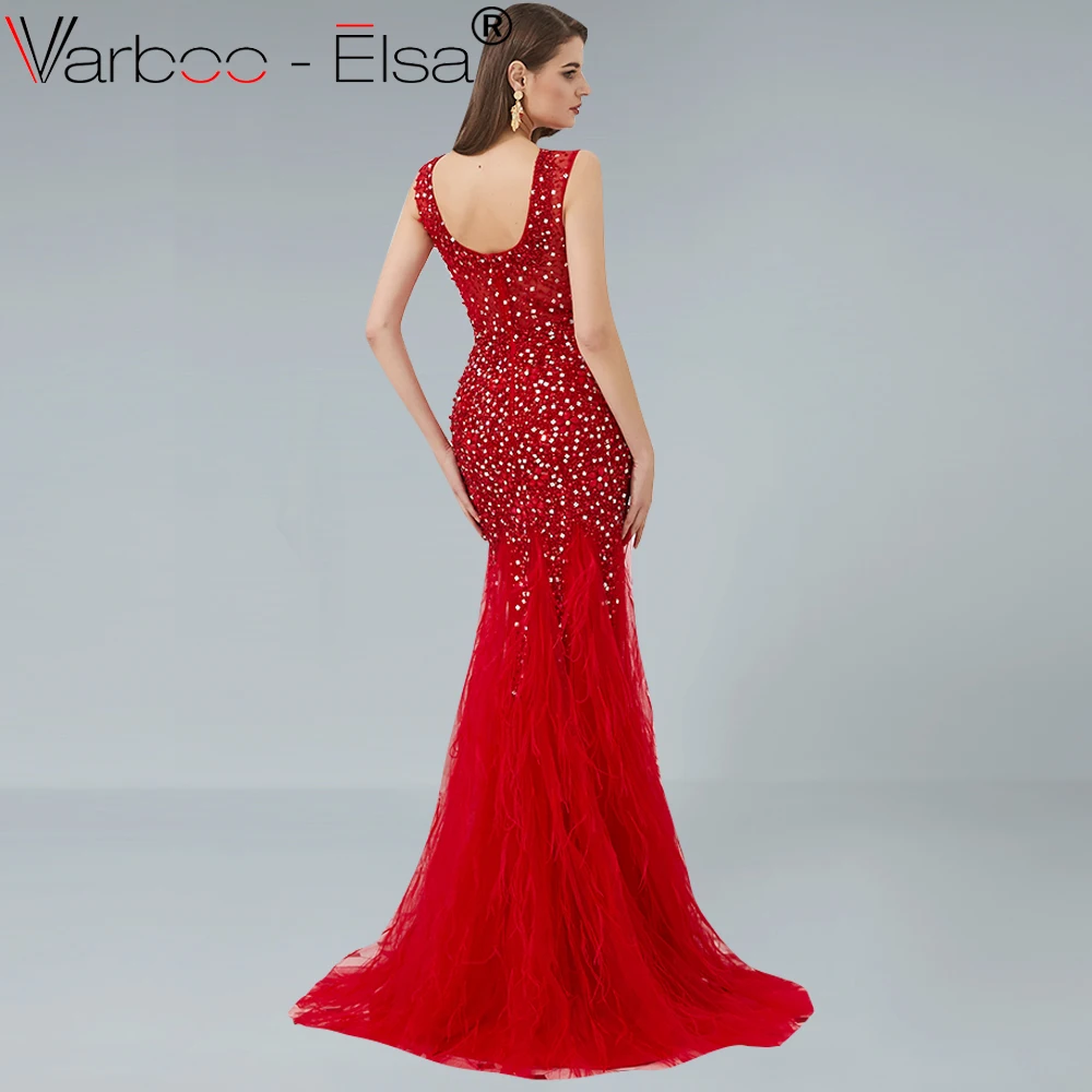 Женское вечернее платье VARBOO_ELSA Красное длинное с открытой спиной и кристаллами