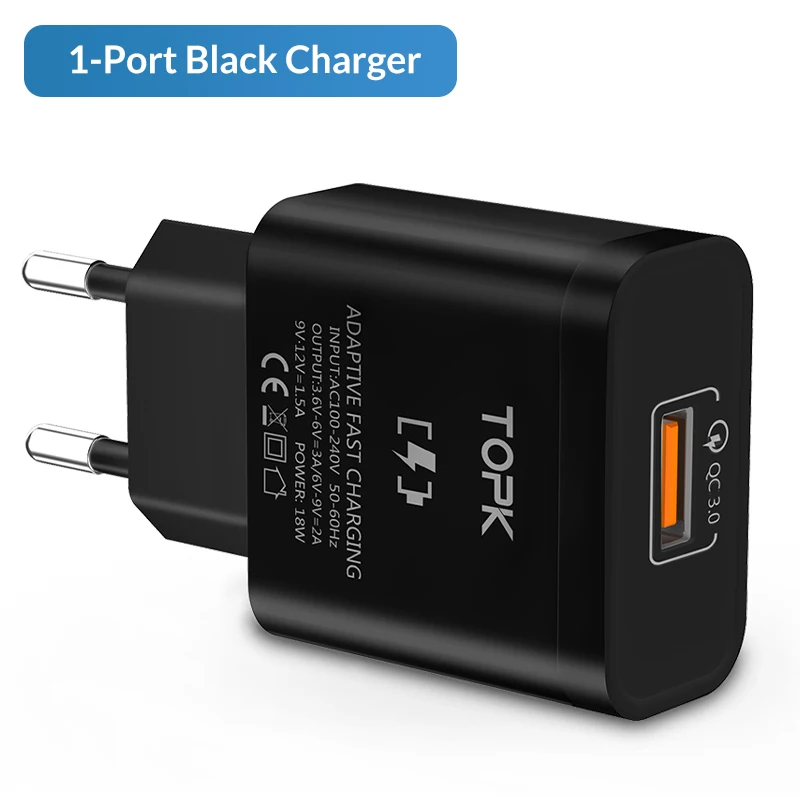 1 Port Charger Black TOPK USB зарядное устройство Быстрая зарядка 3,0 Быстрая зарядка QC3.0 Мульти USB зарядное устройство для samsung S10 Plus Xiaomi дорожное настенное зарядное устройство для телефона EU - Тип штекера: 1 Port Charger Black