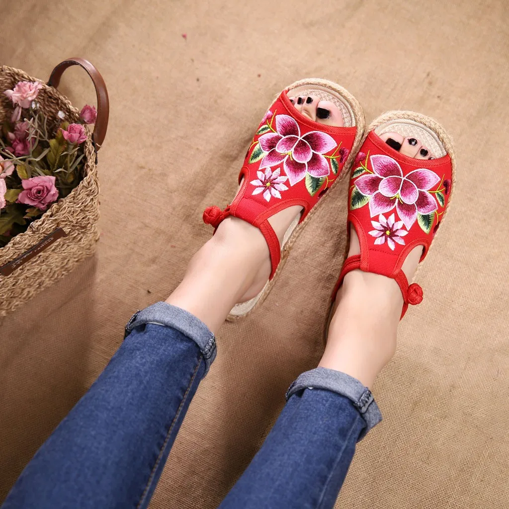 SAGACE/Новинка женские тапочки с вышивкой открытым носком в национальном стиле