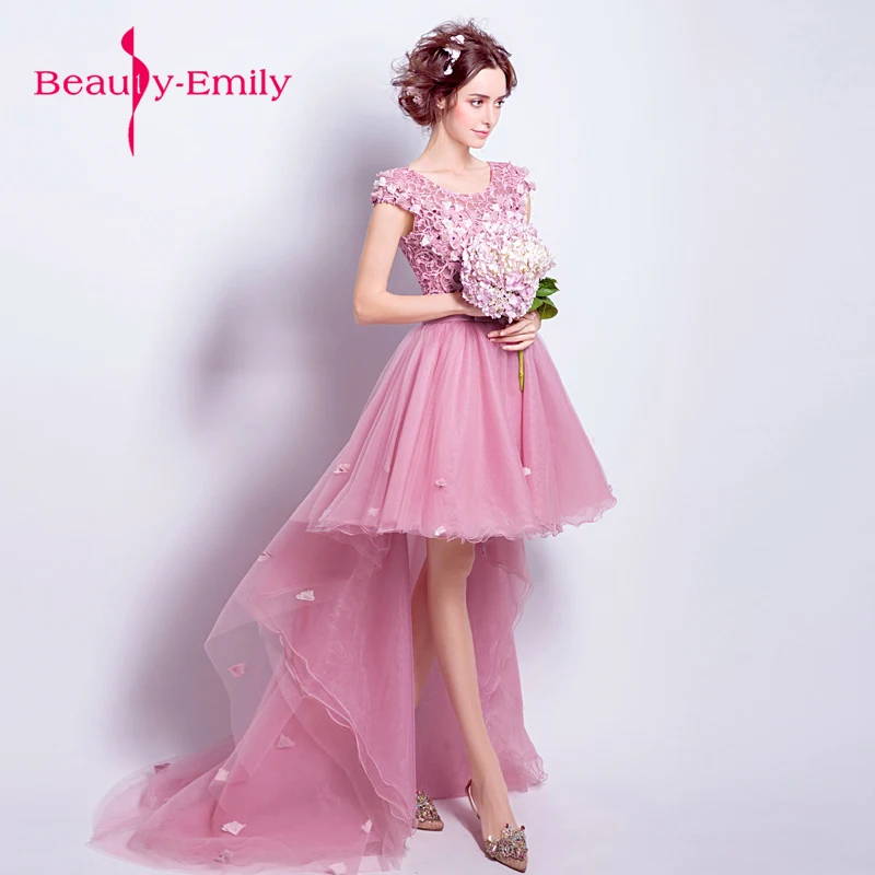 Fairy Elegant Fashionable pink short dresses graduation 2018 O-neck Formal Dress front with long sweep train Party Gown | Свадьбы и