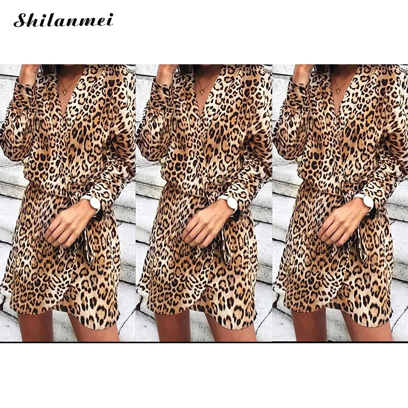 

Leopard Sexy V-Neck Shirt Dress Women 2019 Summer Autumn Printed Long Sleeve Short Mini Dress Female Causla Loose Belt Vestidos