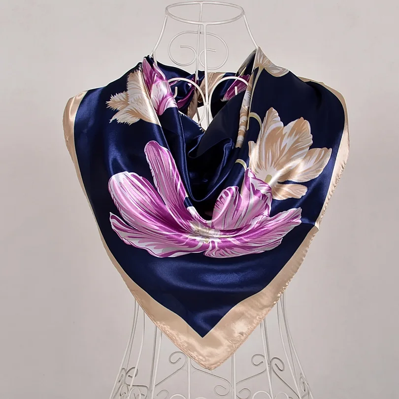 navy blue purple 563 Модный брендовый женский бежевый шелковый шарф из полиэстера, шаль, стиль, большой квадратный женский атласный шарф, шелковые шарфы с принтом 90*90 см - Цвет: navy blue purple 563