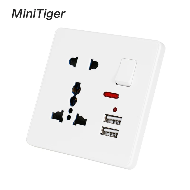 Minitiger настенная розетка 13A универсальная 5 отверстий переключаемая 2.1A двойной