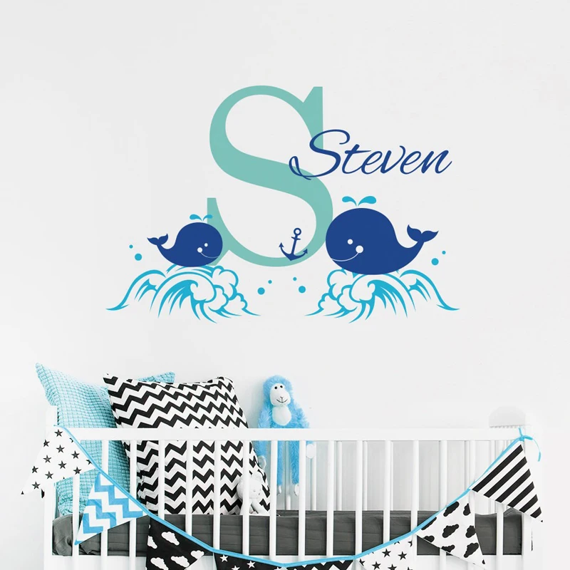 

Ocean Style Custom Name Wall Stickers Babys Bedroom Whale Personalized Name Wall Decal Vinyl Kids Interior Nursery Decor W-342