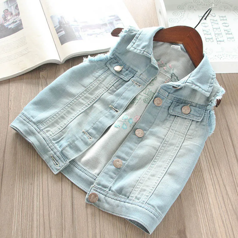 2019 г. весенний жилет для девочек джинсовый детский с вышитыми буквами сзади