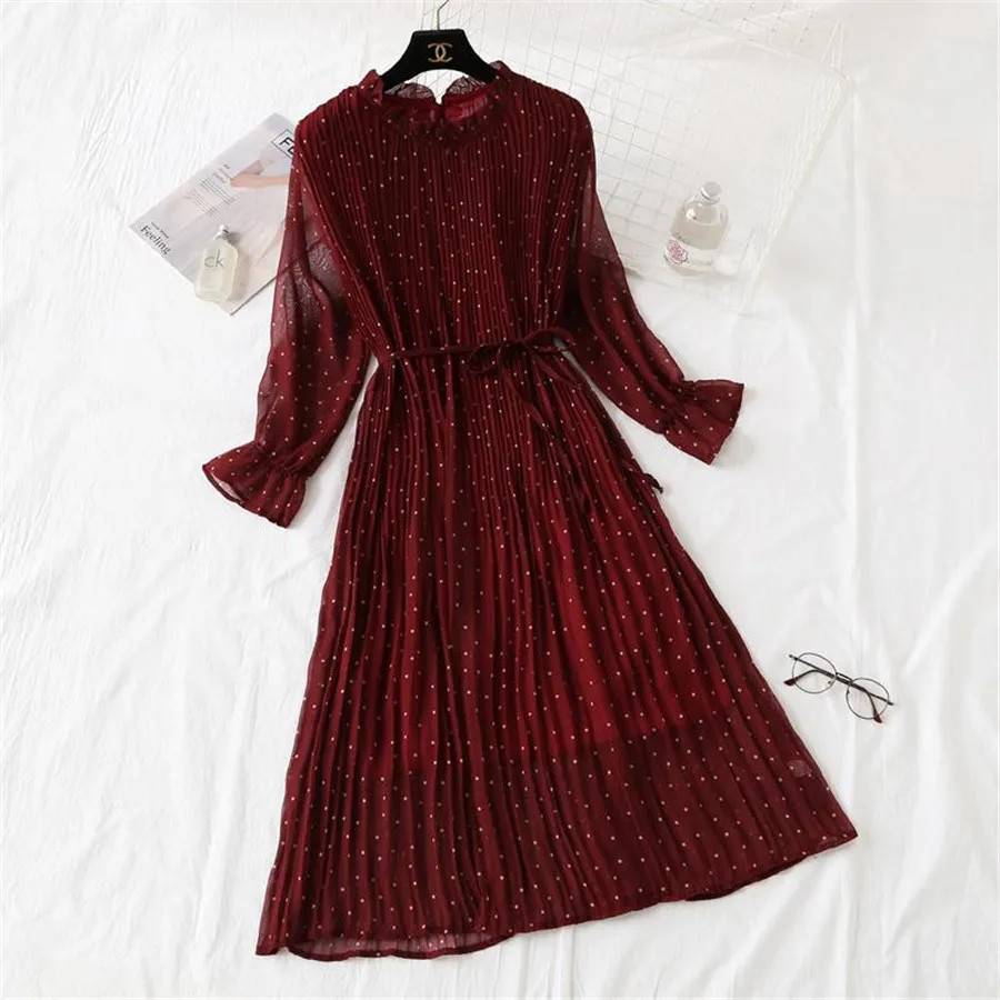 

Women Print Pleated Chiffon Dress 2021Spring Summer New Hot Fashion Female Casual Flare Sleeve Lotus leaf neck Basic Dresses