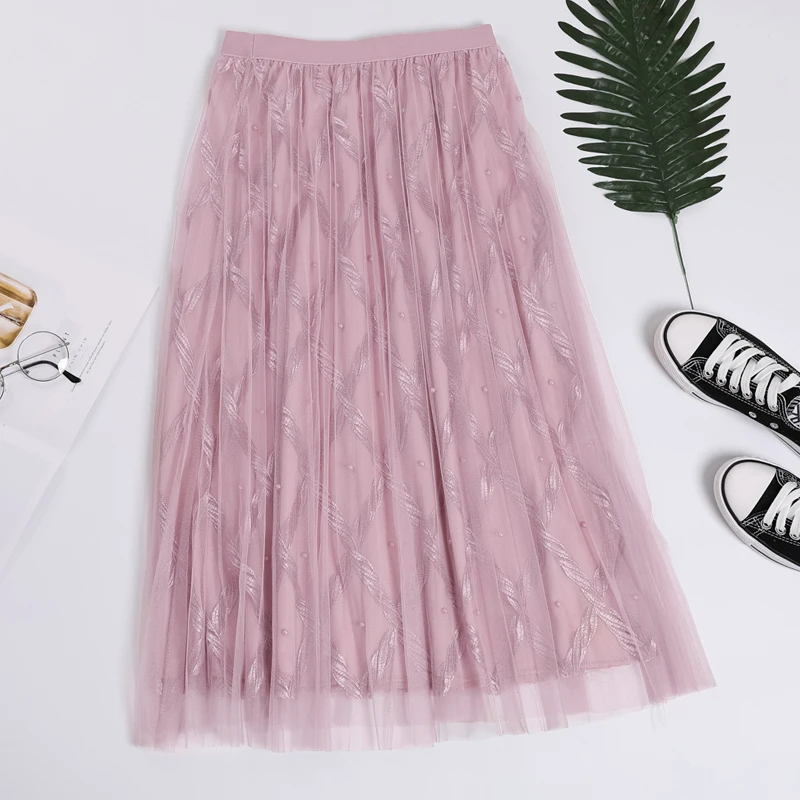 Вышитая бисером длинная юбка из тюля шикарный клетчатый гофрированный с сеткой