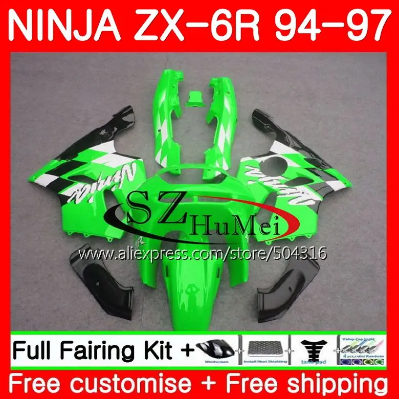 

Обтекатели для KAWASAKI NINJA ZX-6R, глянцевый зеленый 94-97 ZX636 600CC ZX 636 13SH9 ZX6R 94 95 96 97 ZX 6R 1994 1995 1996 1997