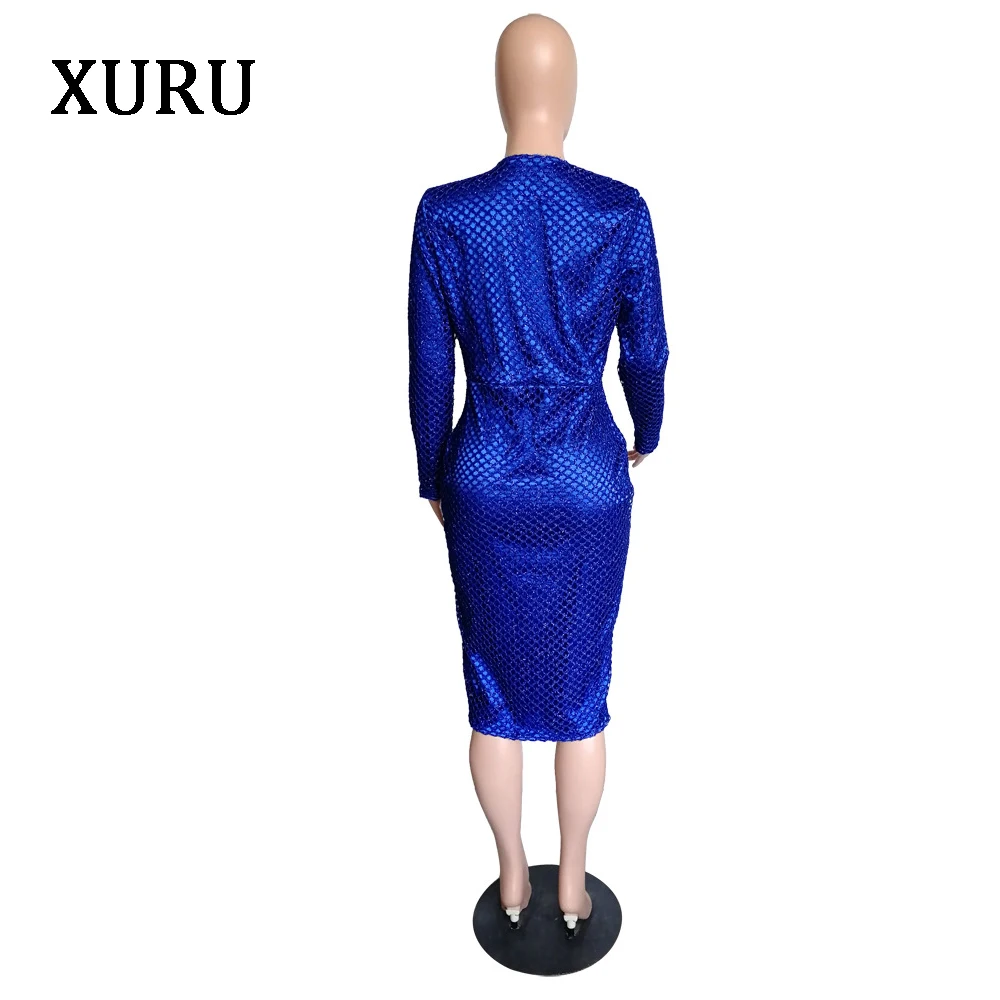 

XURU spring new long sleeve irregular sequin dress sequined V-neck dress female dress elegant sexy party dress